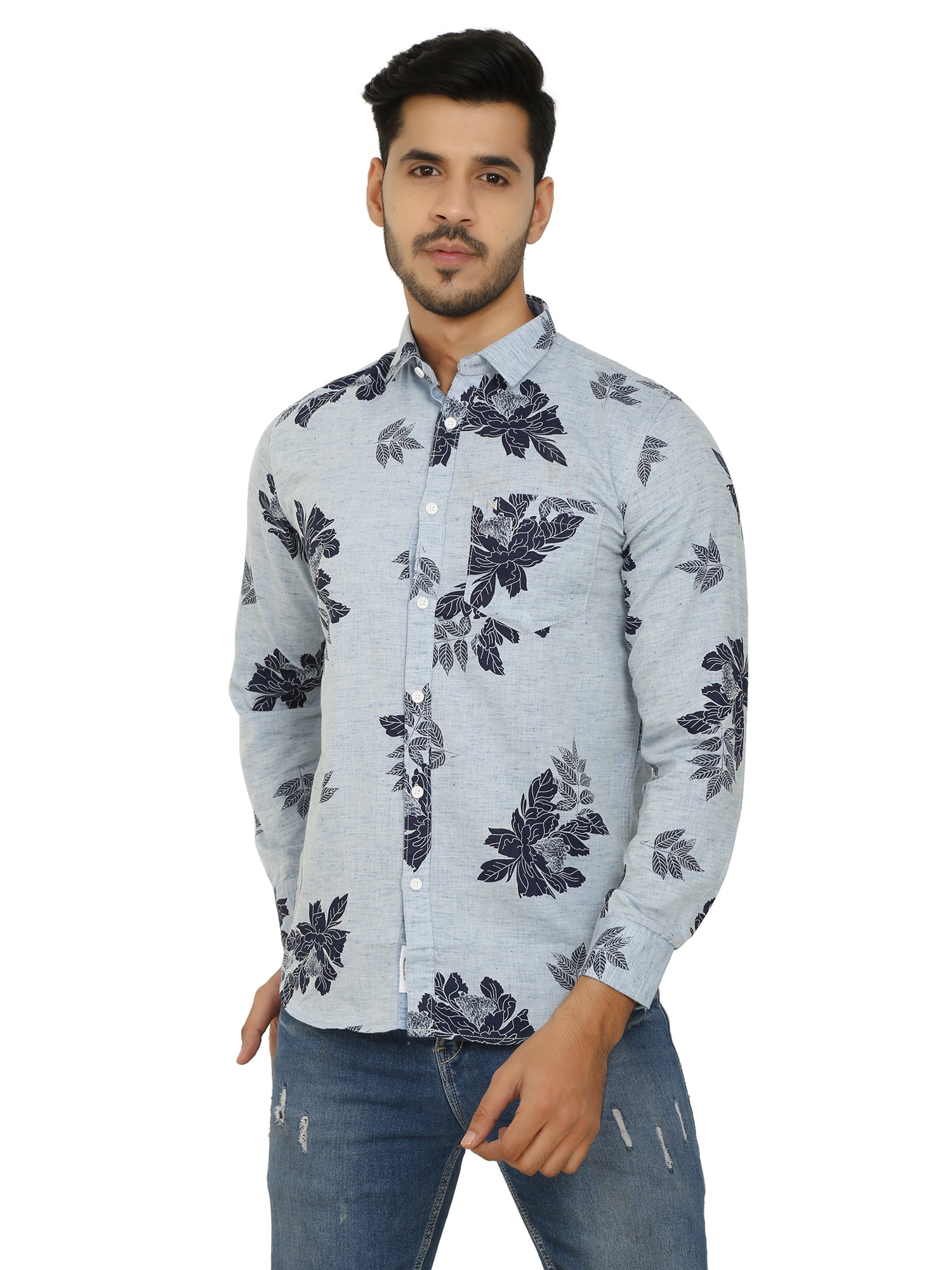 Men's Slim-Fit Floral Print Full Sleeve Light Blue Cotton Shirt - The ...
